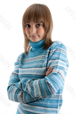 Portrait young beautiful girl in striped sweater