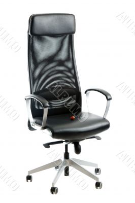 Berry of the strawberries on black leather easy chair