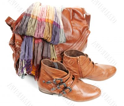 Brown leather bag, scarf and pair feminine boots