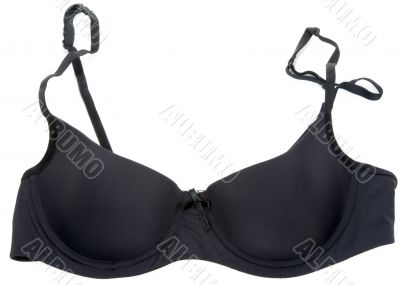 Black lacy feminine bra on white background