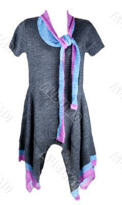 Knitted feminine gown with blue and red scarf on white backgroun