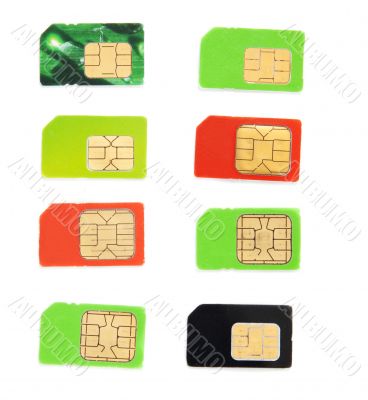 Eight colorful sim card on a white background