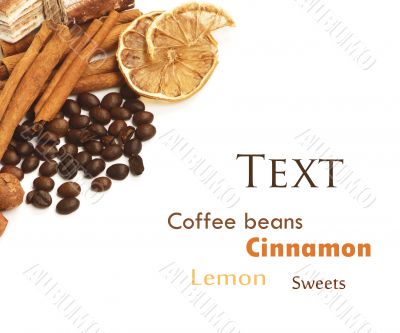 Coffee beans, cinnamon, lemon and sweets Coffee beans, cinnamon, lemon and sweets