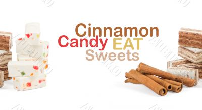 Sweets and cinnamon sticks isolated on white background