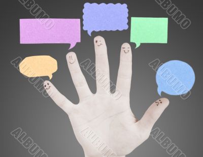 Happy group of finger smileys with social chat sign and speech t