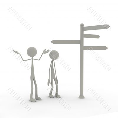 two figures stand in front of a direction sign