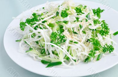 Salad of fresh cabbage and cucumber with herbs and sesame
