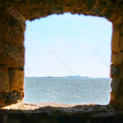 Window in stone wall of Suomenlinna Sveaborg Fortress in Helsink