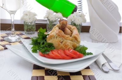 Chicken leg stuffed with mushrooms in pastry