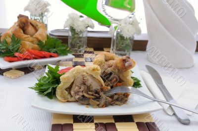 Chicken leg stuffed with mushrooms in pastry 