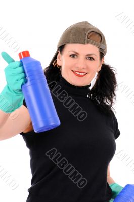 woman with red and blue bottle