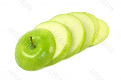 Tasty slices of green apple isolated on a white background Tasty slices of green apple isolated on a white background