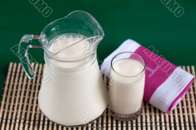 A pitcher of milk and a glass A pitcher of milk and a glass