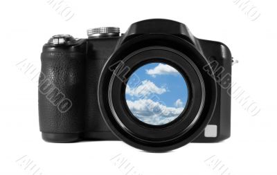 Camera with a beautiful sky in the lens isolated on white 