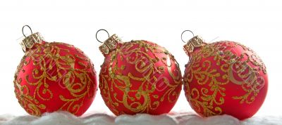 Christmas decoration, the red balls isolated on white