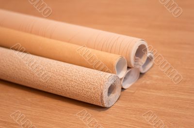 A few rolls of wallpaper lay on the floor A few rolls of wallpaper lay on the floor