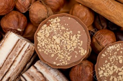 Closeup of coffee beans, cinnamon and nuts