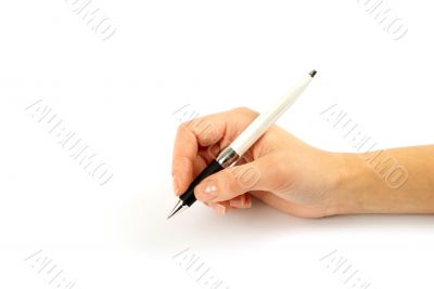 Closeup of a hand writing, on isolated on white background.