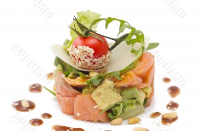 Avocado and salmon salad, isolated