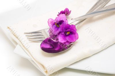 Spoon and fork on a napkin with violet close up