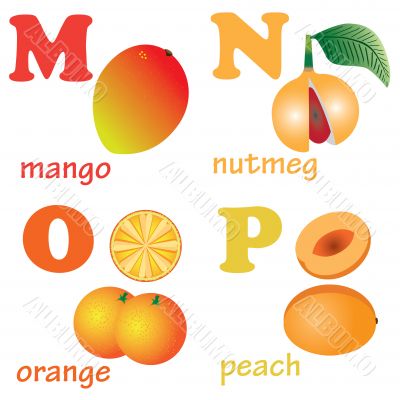 Alphabet letters M-P with fruits. Alphabet letters M-P with fruits.