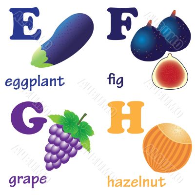 Alphabet letters E-H with fruits. Alphabet letters E-H with fruits.