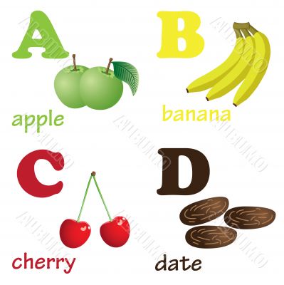 Alphabet letters A-D with fruits. Alphabet letters A-D with fruits.