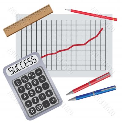 Calculator with writing success near chart with progress. Calculator with writing success near chart with progress.