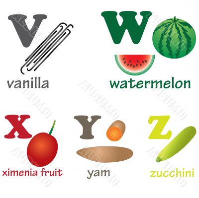 Alphabet letters V-Z with fruits.