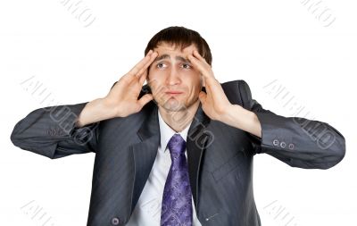 businessman in a gray suit with a headache in the studio