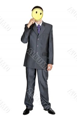 Businessman covers his face with a yellow round cardboard circle