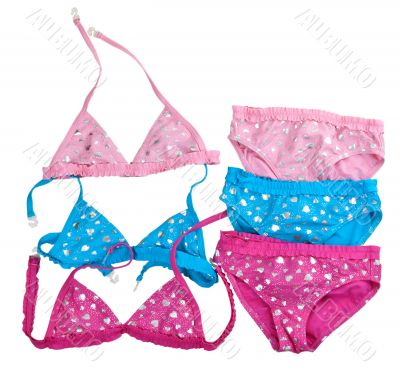 three colored children`s swimsuit