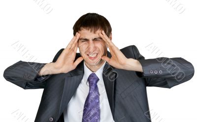 businessman in a gray suit with a headache in the studio