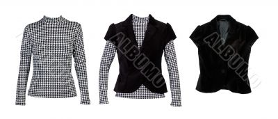 A collage of patterned blouses with `crows feet` and a black ves
