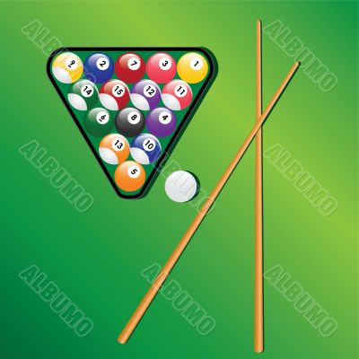 Billiard balls and cues for play game. Billiard balls and cues for play game.