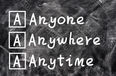 Acronym of AAA for Anyone, Anywhere and Anytime