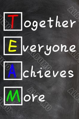 TEAM acronym (Together Everyone Achieves More), teamwork motivation concept of chalk handwriting on a blackboard
