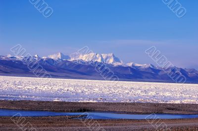 Landscape of snow-capped mountains and lake