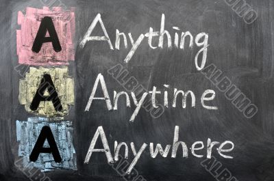 Acronym of AAA - anything, anytime, anywhere
