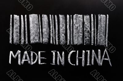 Bar code of `Made in China`written with chalk on a blackboard