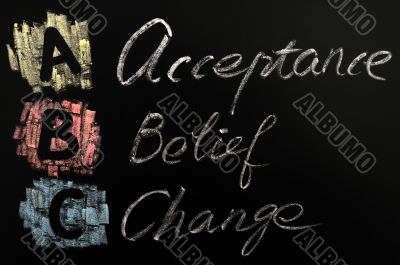 Acronym of ABC - acceptance,belief,change