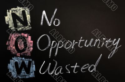 Acronym of NOW - No Opportunity Wasted
