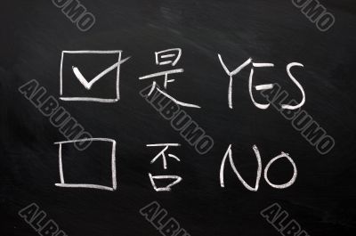 Yes and no check boxes written on a blackboard