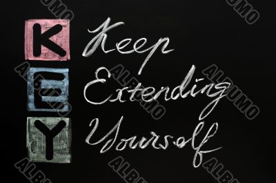 KEY acronym -Keep extending yourself on a blackboard with words written in chalk. 