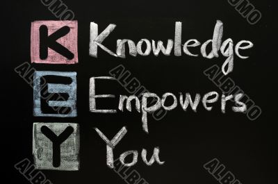 KEY acronym - Knowledge empowers you on a blackboard with words written in chalk. 