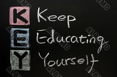 KEY acronym -Keep educating yourself on a blackboard with words written in chalk. 