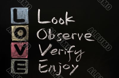 LOVE acronym on a blackboard with words written in chalk