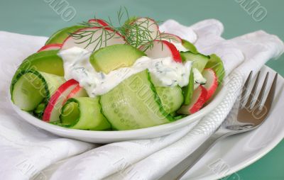 Cucumber salad with radish and avocado cream sauce