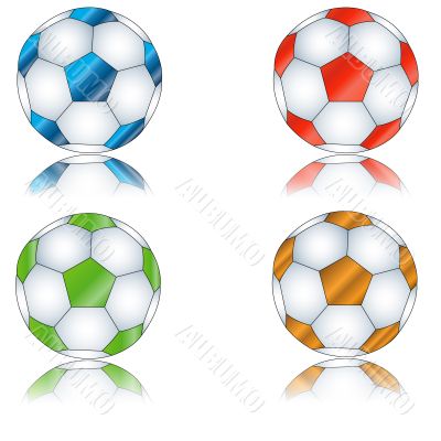 Four multi-colored footballs