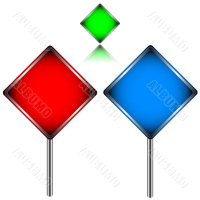 Three multi-colored signs